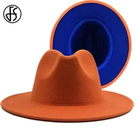 fs 2020 new unisex orange blue patchwork felt jazz hat cap men women flat wide brim wool fedora hats panama trilby vintage hat