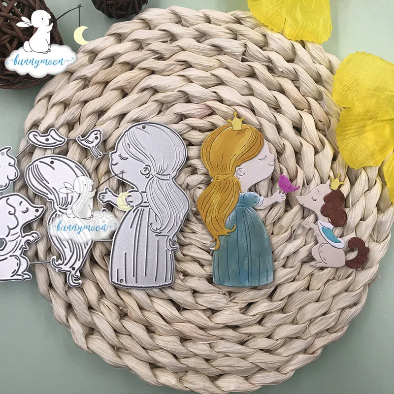 Bunnymoon девушка с трафарет собака металла резки Плашки для скрапбукинга практики