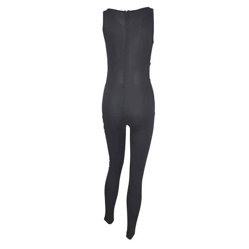 

Hollow Out Sleeveless Sexy Jumpsuit Women See Through Mesh Splice Lace One Piece Outfits Pencil Fitness Party Clubwear Rompers