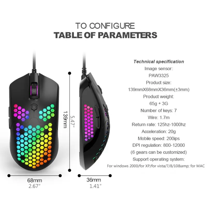 

M5 Hollow-out Honeycomb Shell Gaming Mouse Colorful RGB Backlit Light Wired Mice with 7 Buttons for Game Lovers Accessories