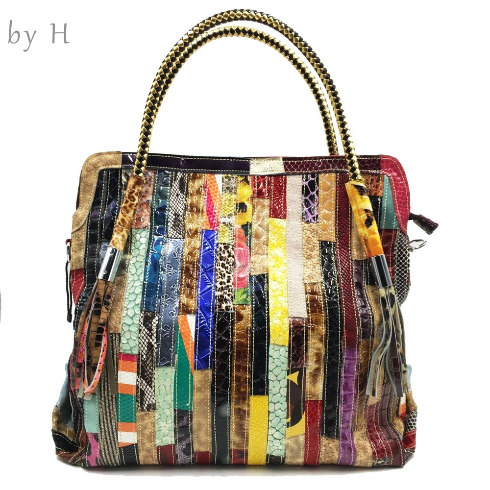 

By H 2020 Women's Big Hobo Genuine Leather National Elements Fashion Designer Shoulder Bag Rainbow Strap Black Snake Tassel Bag