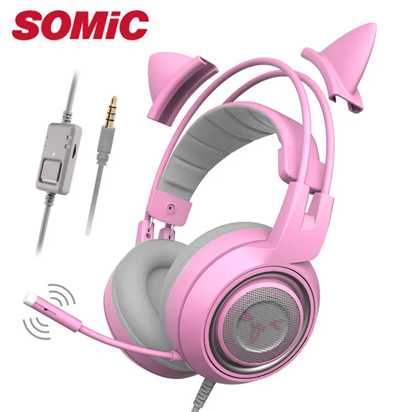 Billig SOMIC Katze Ohr Headset Kinder PS4 Gaming Kopfhörer Rosa/Blau PC Stereo Headset Mit Mikrofon Für Xbox One/telefon/Laptop Tablet