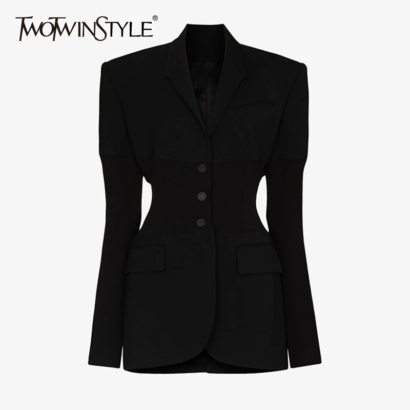 

Женский блейзер TWOTWINSTYLE, Черный Повседневный приталенный однотонный блейзер с длинным рукавом и присборенной талией в Корейском стиле, осен...
