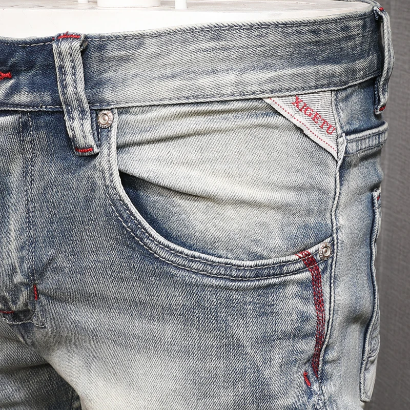 New Men's Vintage Blue Ripped Stretch Jeans Men Casual Slim Fit Pencil Pants Streetwear Distressed Jean