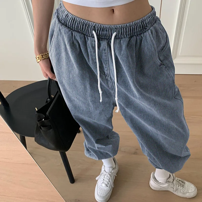 

Women's Street Trendy High Waist Lace-up Loose Tappered Pocket All-Match Denim Trousers Female 2020 New