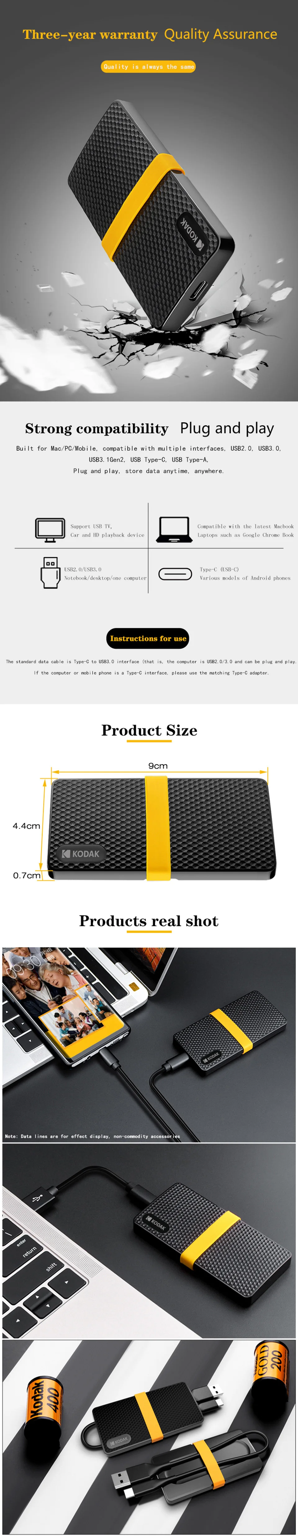 Kodak SSD X200 внешний жесткий диск 256GB 512GB 1 ТБ HDD disco duro externo type C USB 3,1 жесткий диск для ноутбука мобильного телефона