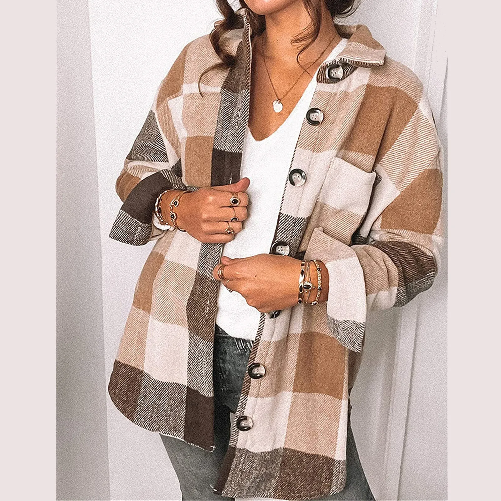 

Женский кардиган в клетку, с длинным рукавом и карманами