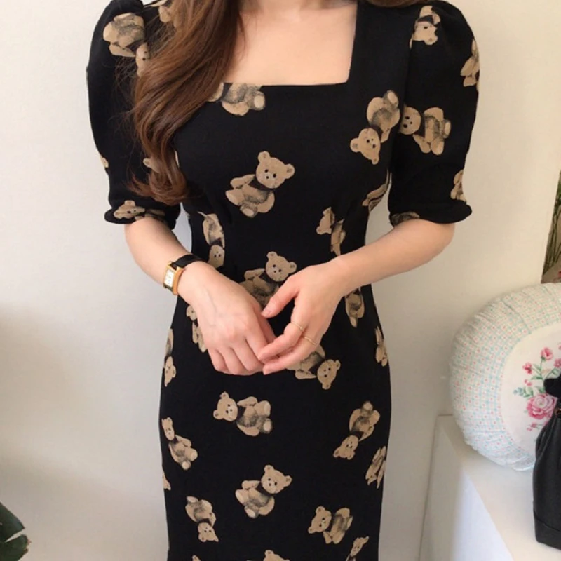 

2021 new Korean style elegant bear print waist dress skirt for women