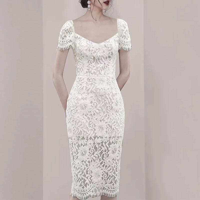 

Женское кружевное платье JSXDHK, белое ажурное платье-карандаш с коротким рукавом и V-образным вырезом, лето 2020