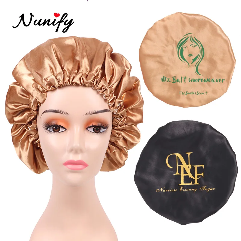 Nunify 20Pcs Custom Logo Satin Bonnet Women Big Size Silk Bonnet Sleep Night Cap Bonnet Pink Black Personalized Hair Care Bonnet