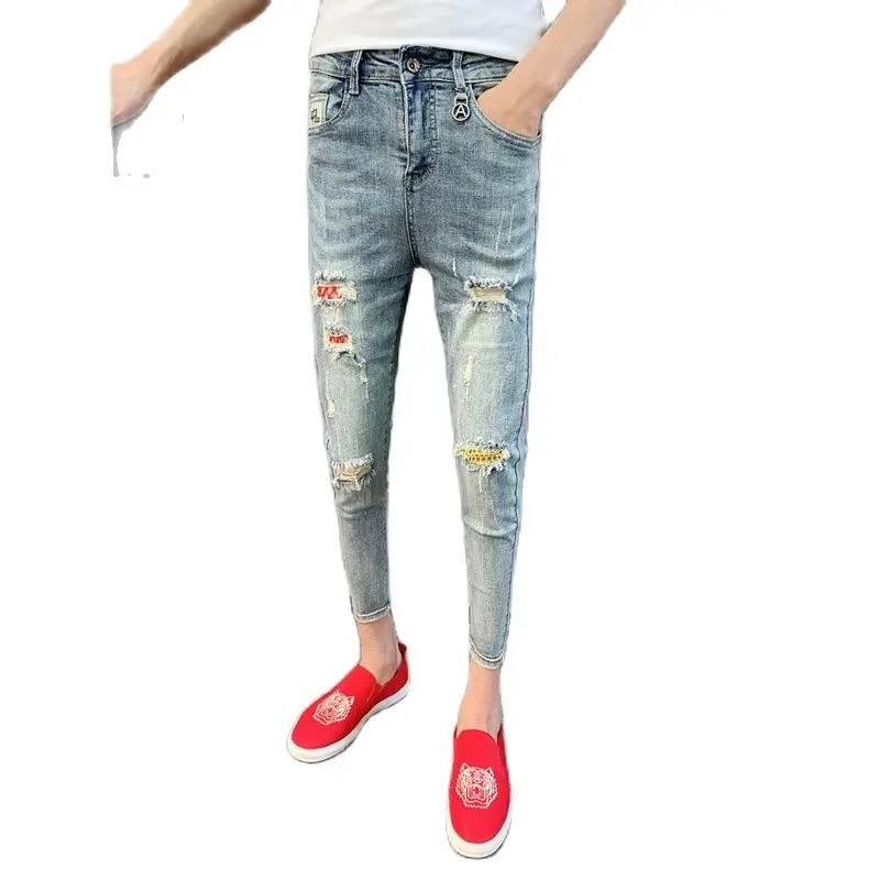 

Лидер продаж 2021, корейская мода, Мужская одежда для подростков, ковбойский стиль для мужчин, тонкие мужские джинсы в технике пэчворк, джинсо...