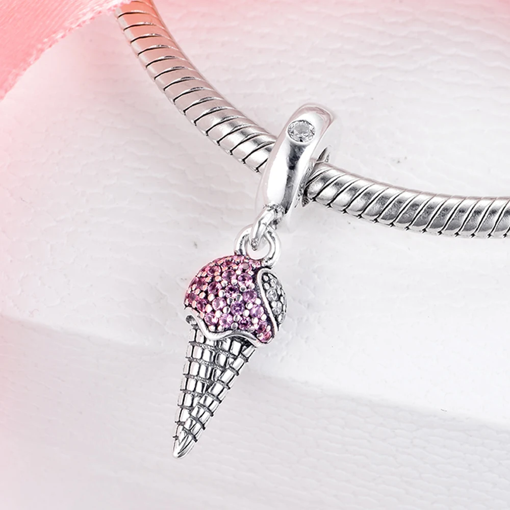 

2020 New Spring Pave Ice Cream Cone Dangle Charm 925 Sterling silver Charms fit Beads Bracelets Pendant DIY For Women Jewelry