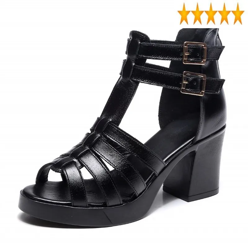 

Black White High Heel Gladiator Sandals Hollow Out Ankle Peep Toe Buckle Summer Women Casual Shoes Plus Size