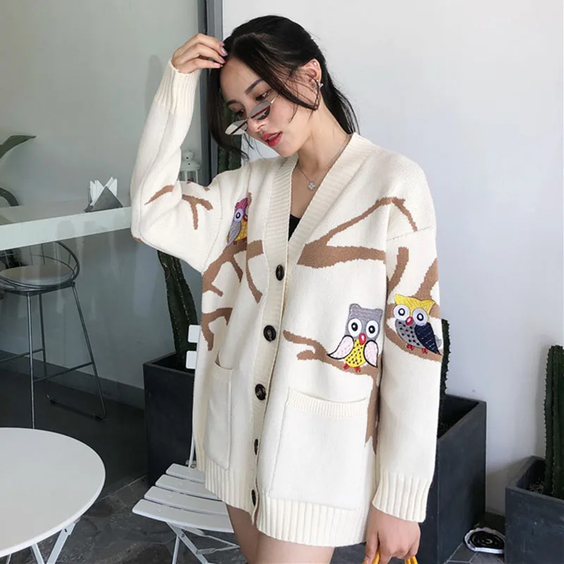 

2019 Women knit Sweater Autumn Winter New V-neck Long Cardigan Embroidery Thickening Slim Sweater Coat College Wind Female AA48
