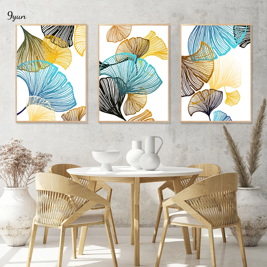 

Ginkgo Leaves Line Art Poster Brown Blue Gold Black Wall Art Print Picture Canvas Painting Interior Living Room Decoration
