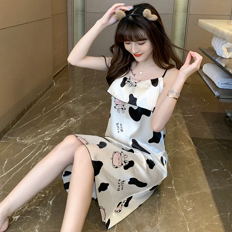 Padded Nightdress Women's New Suspender Ice Silk Nightdress Summer Thin Mid-Length Homewear Can Be Worn outside