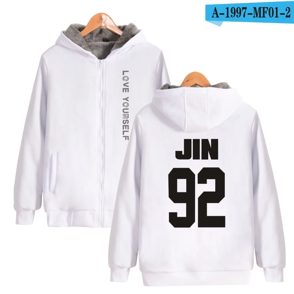 Kpop Bangtan мальчики толстые толстовки с капюшоном на молнии зима теплый Jimin SUGA J-hope V RM уплотненные толстовки на молнии пальто - Color: White