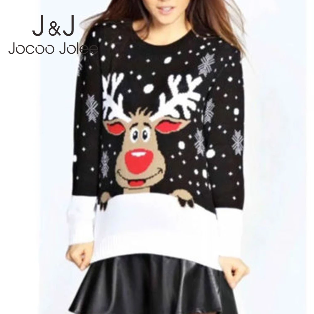 Jocoo Jolee 2019 Winter Christmas Sweater for Women Warm Thick Pullover Casual Deer Snow Knitted New Year Lady Jumpers | Женская одежда