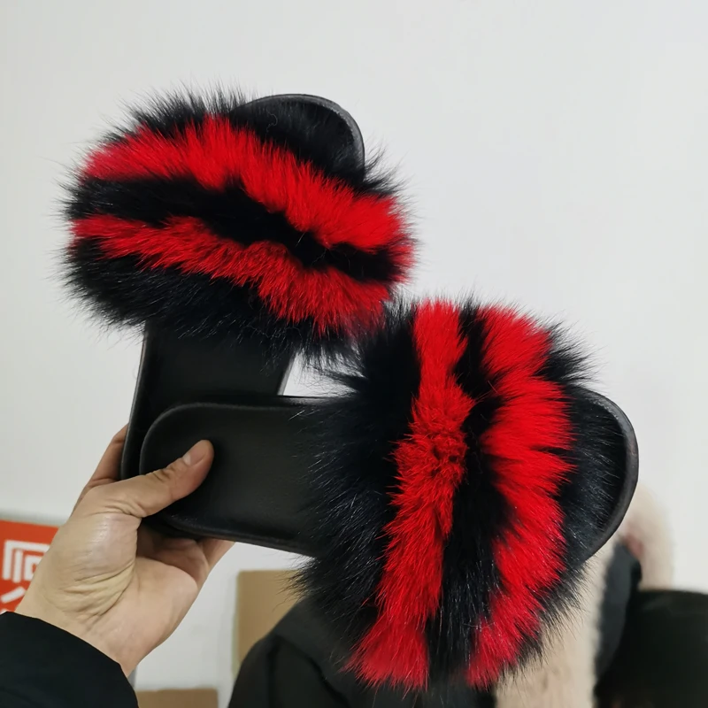 Оптовая продажа женские пушистые меховые сланцы летние разноцветные радужные