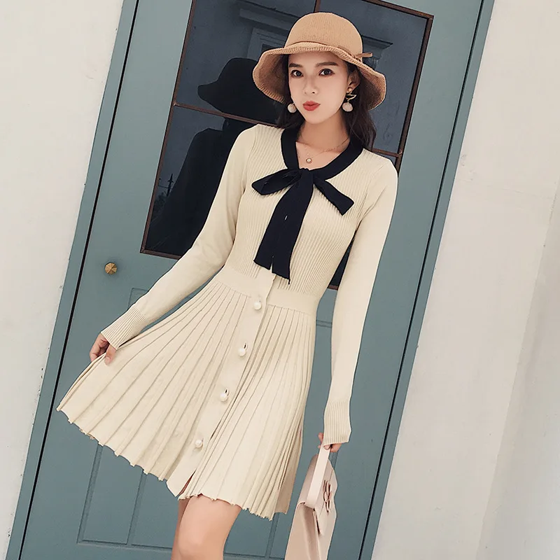 2018 осеннее и зимнее женское платье с воротником шарфом бантом плиссированное