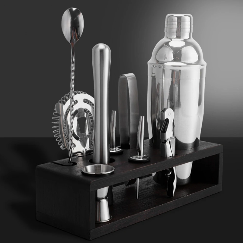 

10pcs/Set Boston Cocktail Shaker Bar Tools Set Barware Bartender Shakers Kit Jigger Mixer Muddler Pourer Spoon with Bamboo Stand