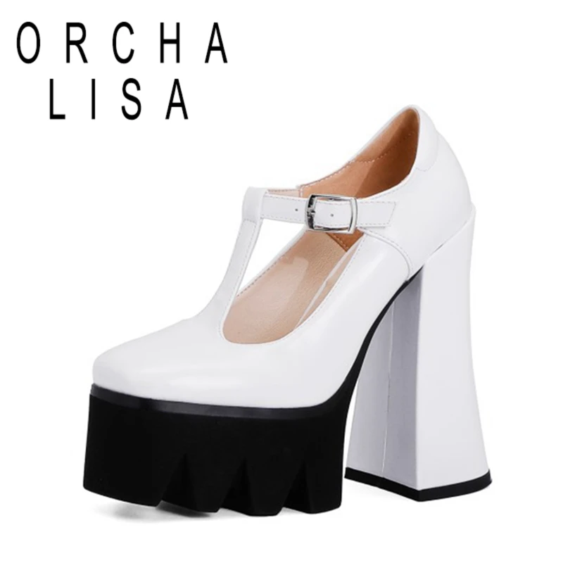 

ORCHA LISA 2021 Thick Sole Pumps Patent Leather Punk T Strap Round Toe Platforms 15.5cm Chunky Heel Size 35-43 Black White A4351