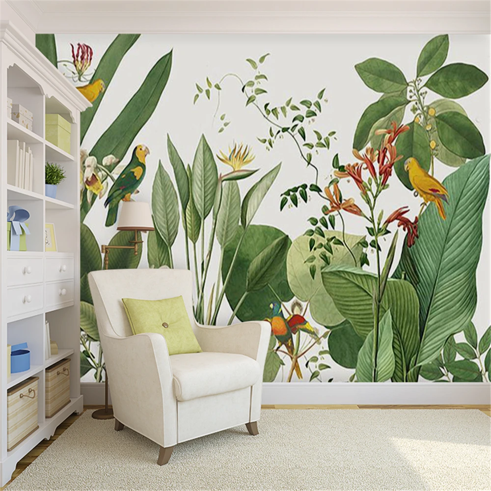 

Custom Mural Wallpaper Hand Drawn Jungle Parrot Background Wall Painting