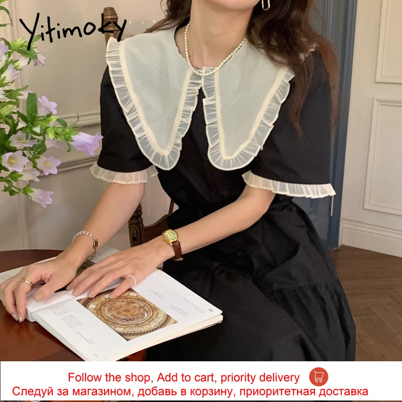 

Yitimoky Vintage Woman Dress Lace Up Fashion Peter Pan Collar Contrase Color Spliced Loose Puff Sleeve Dresses 2021 Summer New