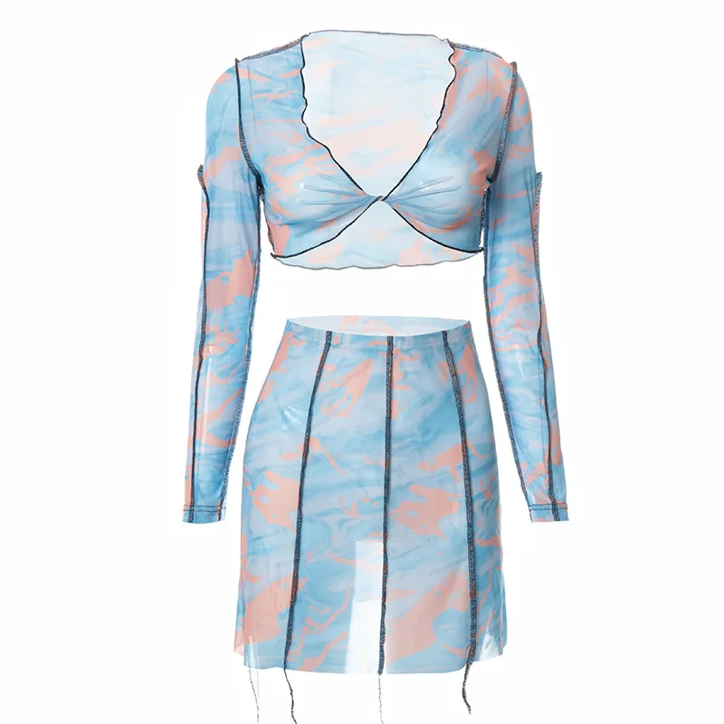 

Summer Women Two Piece Set Long Sleeve Top and Elastic Wasit Skirt Suit Sexy V Neck Outfits Female Fashion Club Party Clothes