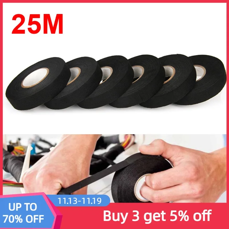 

25 Meter Heat-resistant Fabric Tape Black Adhesive Electrical Insulating Cloth Tape for Car Cable Harness Wiring Loom Protection