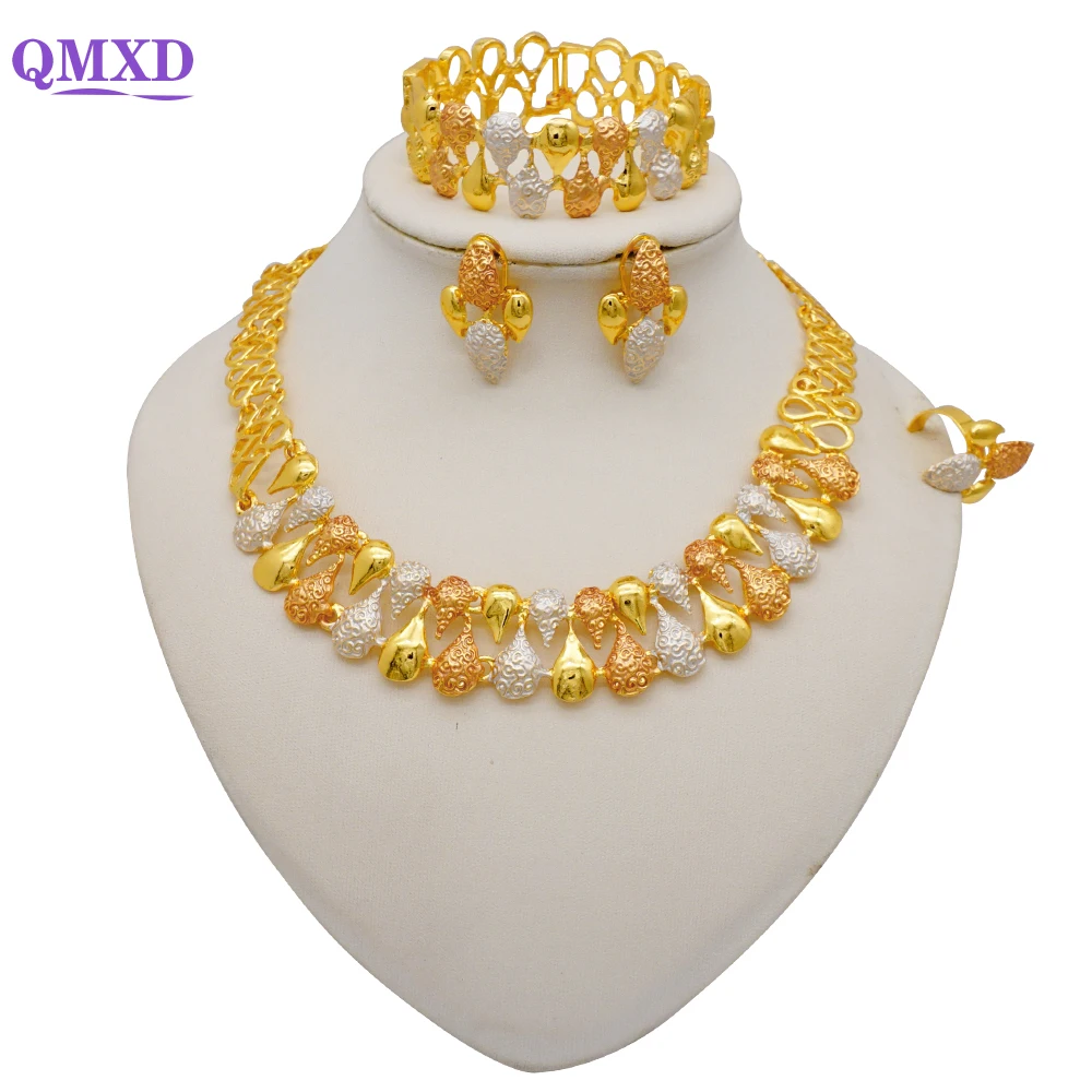 

Nigerian Wedding African Jewelry Set For Woman Fashion Dubai Gold Jewelry Sets Bridal Wedding Earring Ring Bracelet Set