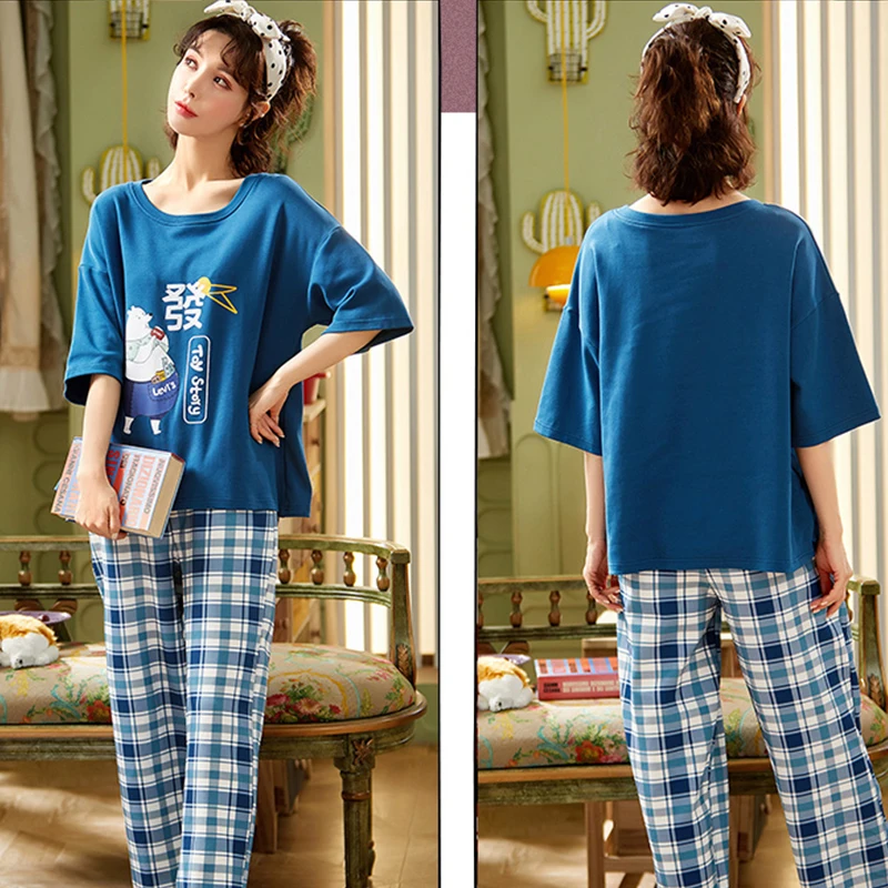 

Tonngirls Summer Cartoon Print Pajama Set 2021 Sleepwear Pijama Ladies Homewear Cotton Night Suit Pyjama Femme Comfortable 2021