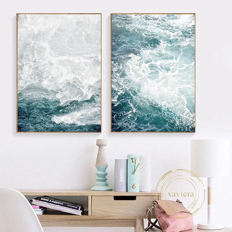

Scandinavian Seascape Poster Modern Waves Canvas Painting Blue and White Ocean Landscape Wall Art Picture Home Decor Living Room