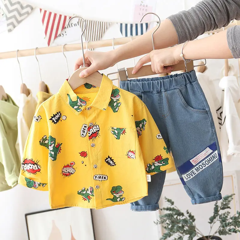 

Spring Autumn Cotton Children Clothing Sets Dinosaur Print Shirt+Pants Jeans Children's Sets for Baby Boy Cute Kids 2pcs Suit