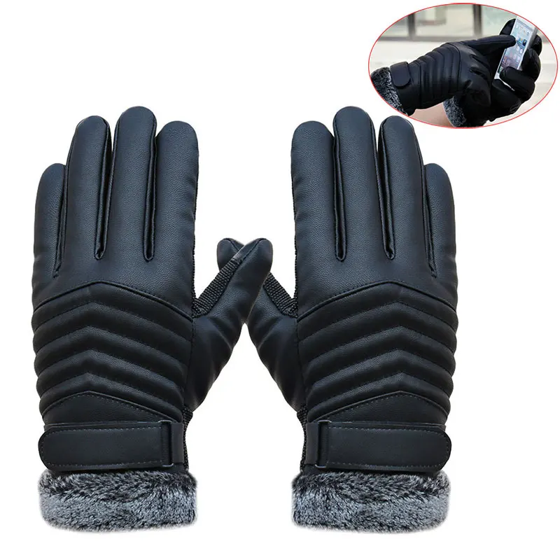 

1pair Men Synthenic Pu Golves Winter Warm Five Finger Wrist Gloves Cut Wool Thicken Touches Screen Fur Mittens New 2022