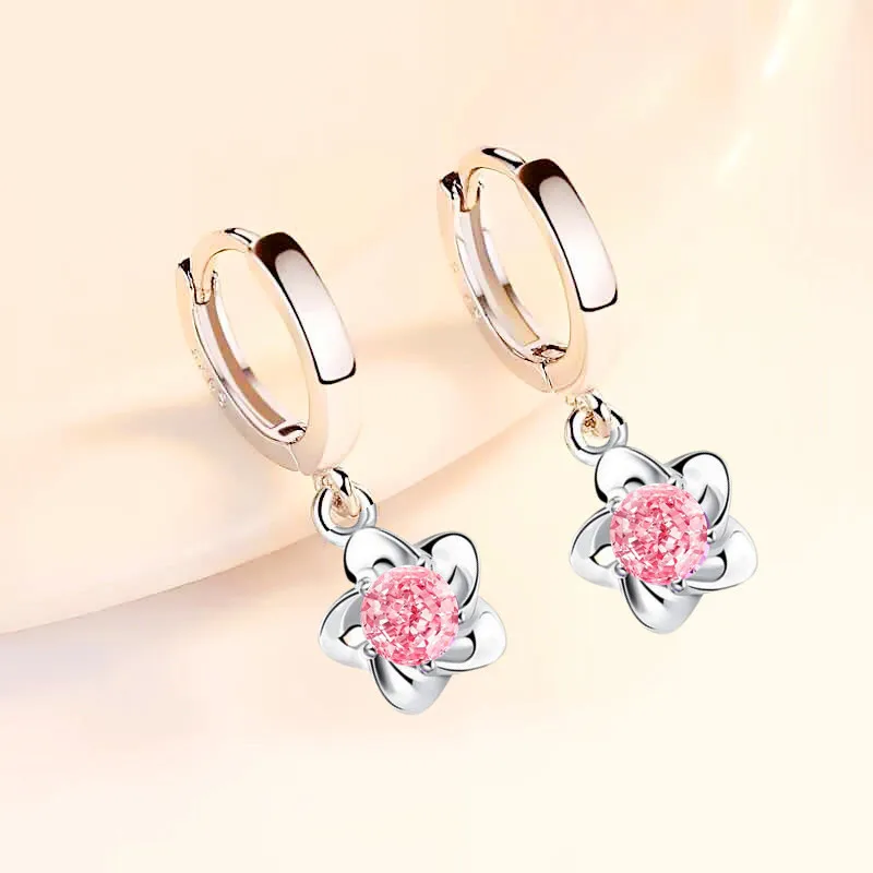 

Dainty Female Blue Pink Zircon Drop Earrings Classic Silver Color Dangle Earrings For Women Luxury Bride Flower Wedding Earrings