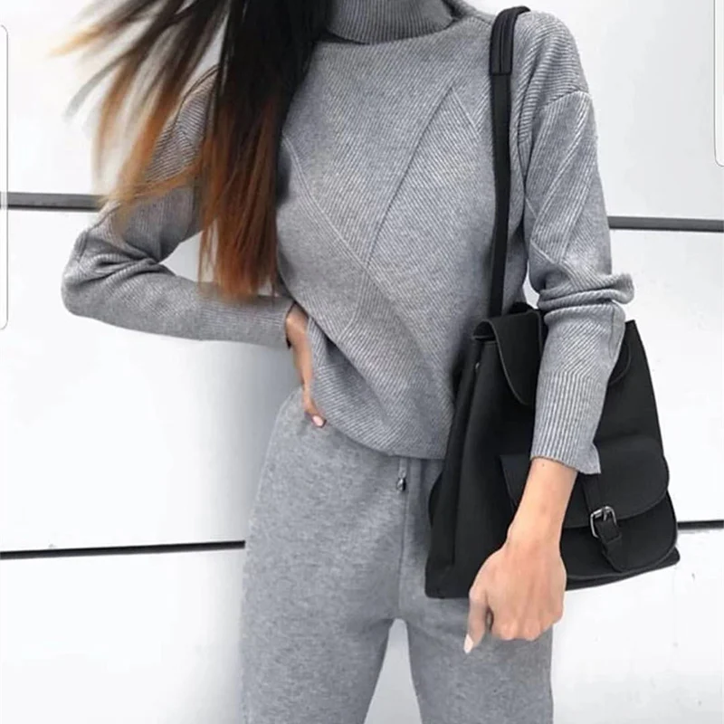 Женский трикотажный свитер водолазка в рубчик комплект для отдыха пуловеры с