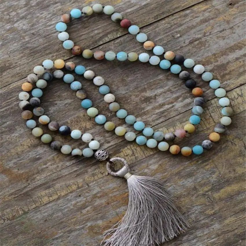 

8mm Frosted Amazonite Knot Tassel Mala Gemstone necklace Bless cuff MONK Buddhism yoga Lucky Handmade Gemstone Meditation