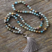 8mm frosted amazonite knot tassel mala gemstone necklace bless cuff monk buddhism yoga lucky handmade gemstone meditation