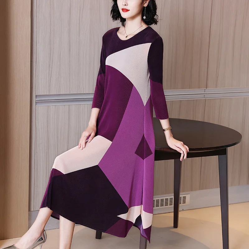 

TVVOVVIN Stylish Contrast Print Pleated Dress Spring 2021 New Women's Loose Large Size Casual Mid-length Dress 6Y7B
