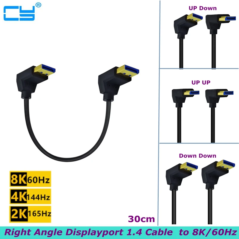 

New 30cm 90°Angled UP Down Displayport 1.4 Cable 8K@60HZ DP Ultra HD Video Adapters for TVs, LCD Monitors, and Projectors