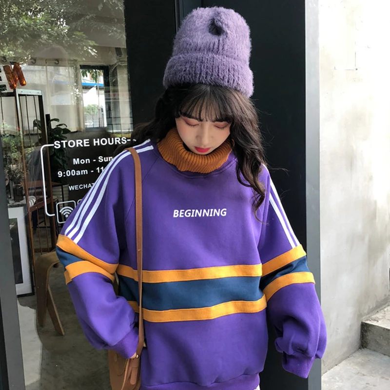 

New Women female tide Harajuku Sweatshirt Hoodie trend thick Half high collar ins velvet fake two loose jacket winter thickening