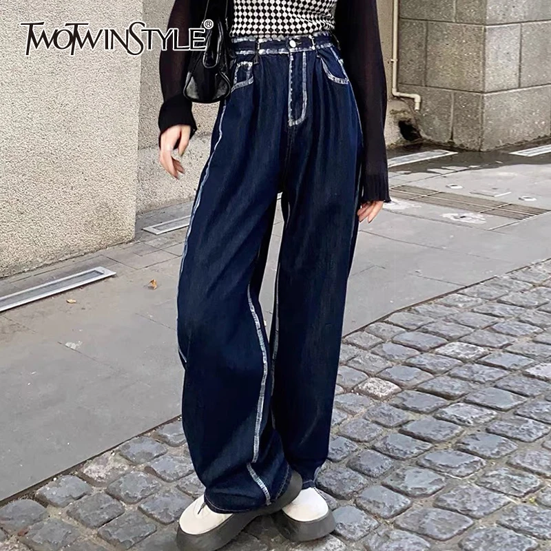 

TWOTWINSTYLE Hit Color Denim Wide Leg Pants For Women High Waist Straight Casual Jeans Female Korean Fashion New Clothing 2021
