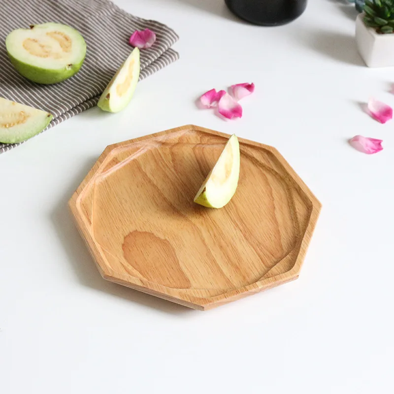 Double layer Octagon Wood Pan Plate Fruit Dishes Saucer Tea Tray Dessert Dinner Bread Plates Solid | Дом и сад