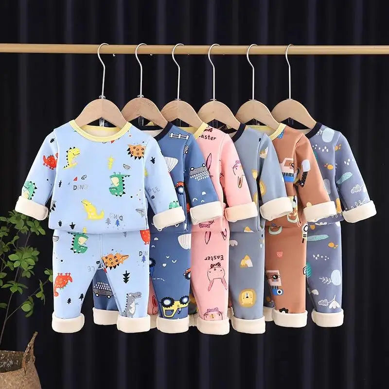 

Children's Sleepwear Suits Full Pullover Tees Pants 2-Pieces Set Clothes Winter Cartoon Kids Boy Girl Fleece Padded Warm Pajamas