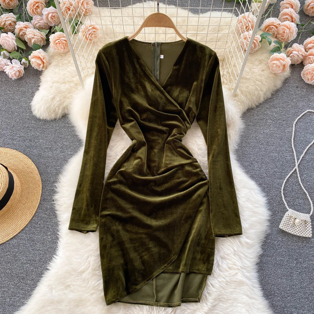 

Winter Dress Women Vintage Velvet Party Dress Vestidos Sexy V-neck Long Sleeve High Waist Draped Irregular Midi Bodycon Dresses