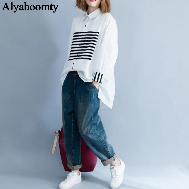 2021 размера плюс Сезон весна осень Женская блузка в полоску с рисунком из кусков