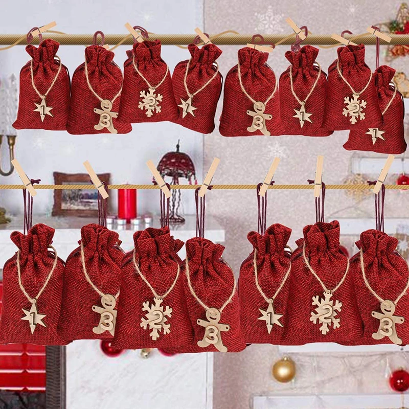 

24pcs/set Linen Gift Bags Colorful Christmas Candy Pouch Xmas Decoration Sacks Clip Rope Stickers Sets Party Festive Supplies
