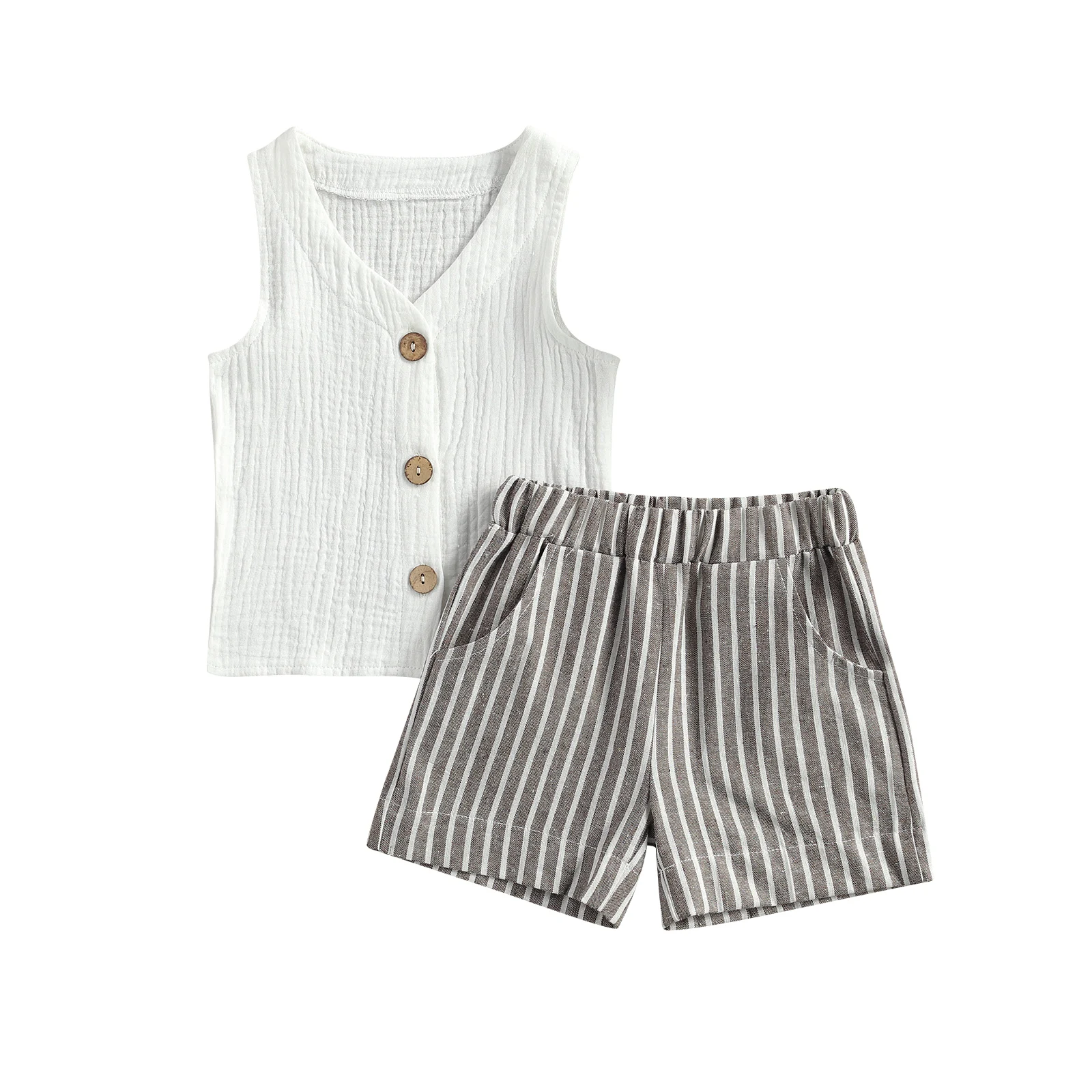 

2021 Summer Baby Children Solid Color Sleeveless Button Top Vertical Stripe Print or Solid Color Short Pants 2-piece Suits