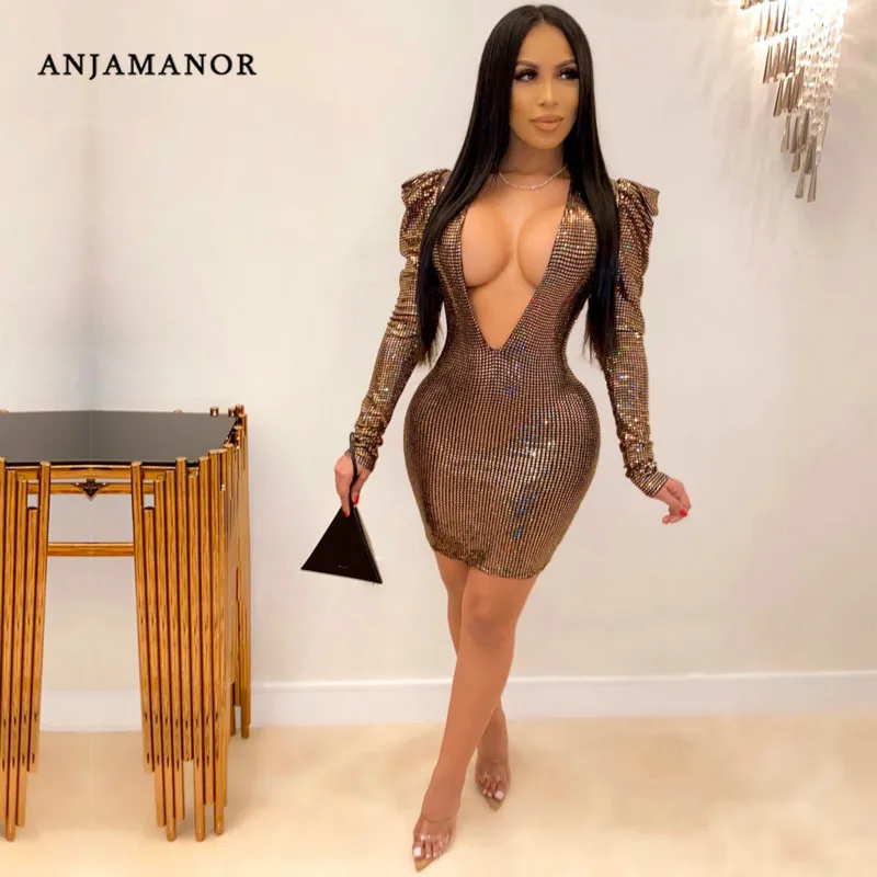 ANJAMANOR сексуальное зимнее платье с блестками 2020 глубоким вырезом пышными рукавами